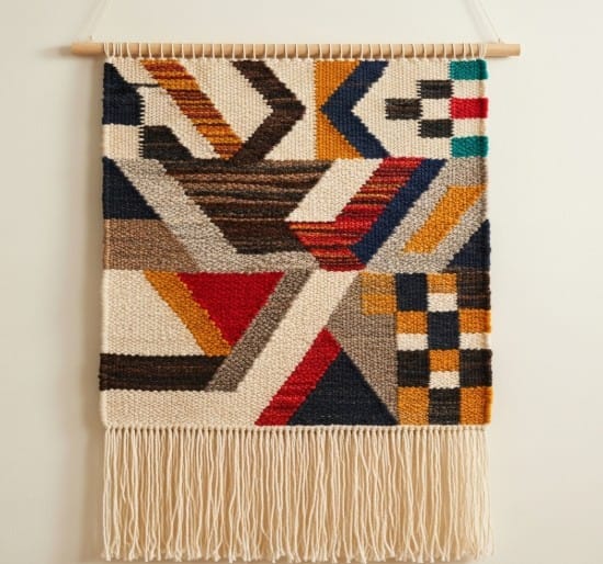 Top Global Art Movements to Watch 5 A handwoven textile wall hanging with modern geometric patterns.
