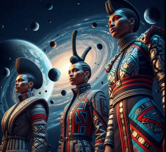 Top Global Art Movements to Watch 6 Futuristic artwork featuring African-inspired fashion and space motifs.