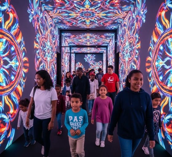 Top Global Art Movements to Watch 7 People walking through a kaleidoscopic interactive light room installation.