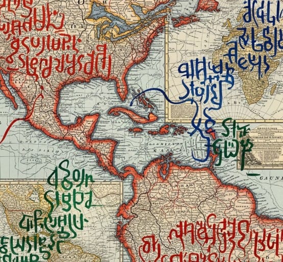 Top Global Art Movements to Watch 8 Mixed-media artwork combining colonial-era maps with indigenous scripts.