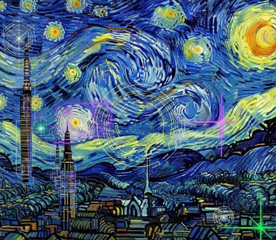 Top Global Art Movements to Watch 10 abstract artwork blending Van Gogh’s brushwork with futuristic patterns.