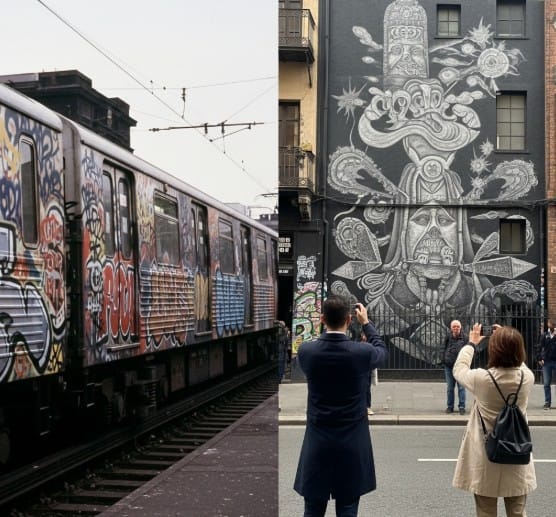 How Street Art is Taking Over the Global Art Scene 1 Contrast between old-school graffiti on subway train and modern urban mural attracting visitors