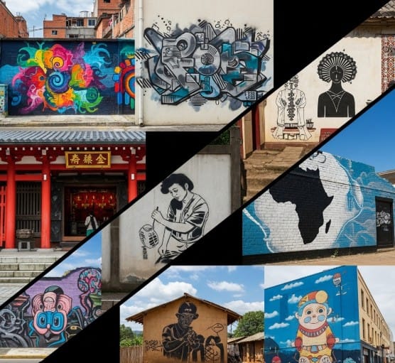 How Street Art is Taking Over the Global Art Scene 2 Collage of street art from five different continents.