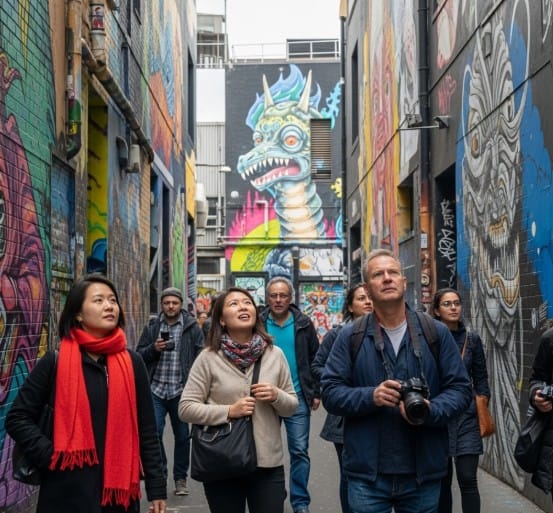How Street Art is Taking Over the Global Art Scene 3 Tourists admiring graffiti and murals in Melbourne’s famous street art alley.