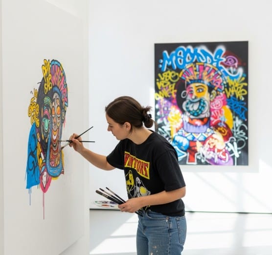 How Street Art is Taking Over the Global Art Scene 6 Artist transferring street-style artwork onto a canvas in a white gallery space.
