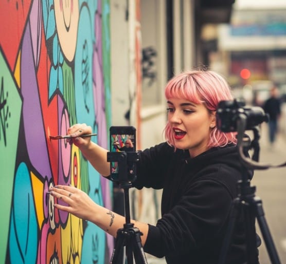 How Street Art is Taking Over the Global Art Scene 8 Street artist recording a mural painting process with phone on tripod.