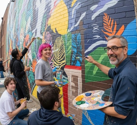 How Street Art is Taking Over the Global Art Scene 9 Group of local residents painting a community mural with an artist
