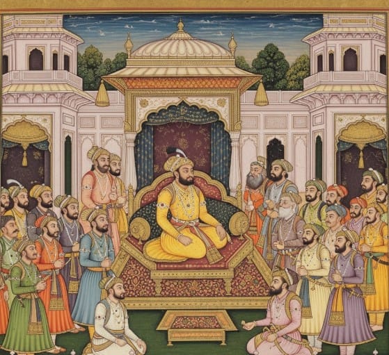 An Introduction to Indian Classical Paintings 2 Mughal miniature painting showing Emperor Akbar seated with his ministers.