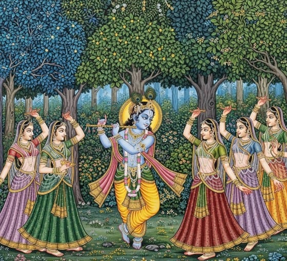An Introduction to Indian Classical Paintings 4 Pahari painting of Lord Krishna dancing with gopis in a lush forest scene.