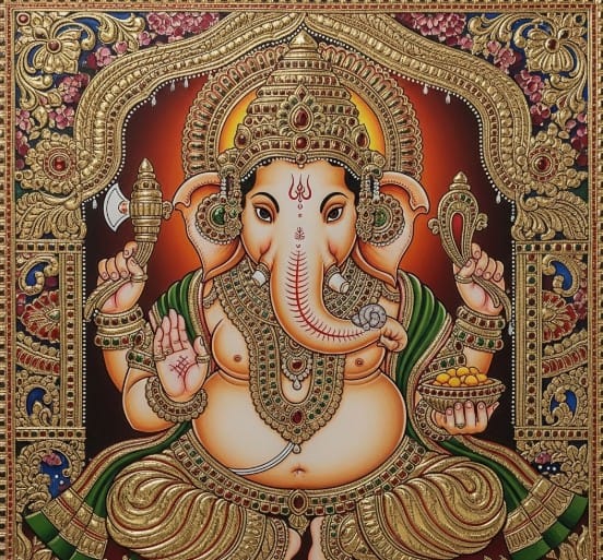 An Introduction to Indian Classical Paintings 6 Tanjore artwork showing Ganesha with ornate gold detailing.