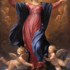 "Baroque altarpiece by Annibale Carracci showing the Virgin Mary ascending to Heaven, surrounded by angels above and apostles watching in awe below."