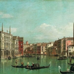 18th-century cityscape painting by Canaletto showing the Grand Canal in Venice with elegant buildings, gondolas, and the Campo della Carità visible on the right under a bright sky.