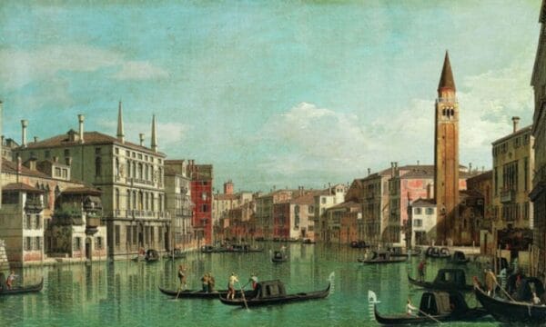 18th-century cityscape painting by Canaletto showing the Grand Canal in Venice with elegant buildings, gondolas, and the Campo della Carità visible on the right under a bright sky.