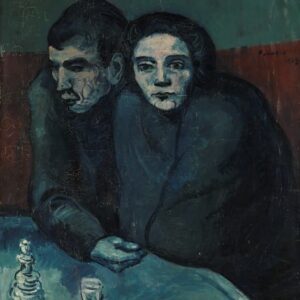 "Expressionist painting from Picasso’s Blue Period showing a man and woman seated in a café, both with downcast expressions, rendered in cool blue tones to evoke sorrow and isolation."