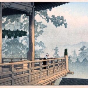 Japanese woodblock print by Kawase Hasui depicting a peaceful temple near water with figures arriving by boat, rendered in soft, natural tones and serene atmosphere.