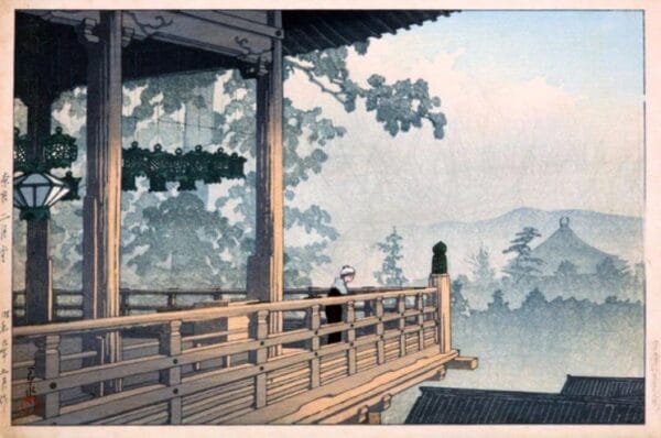 Japanese woodblock print by Kawase Hasui depicting a peaceful temple near water with figures arriving by boat, rendered in soft, natural tones and serene atmosphere.