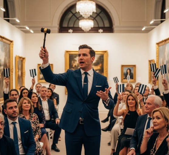 Auctioneer in action at an art auction house 