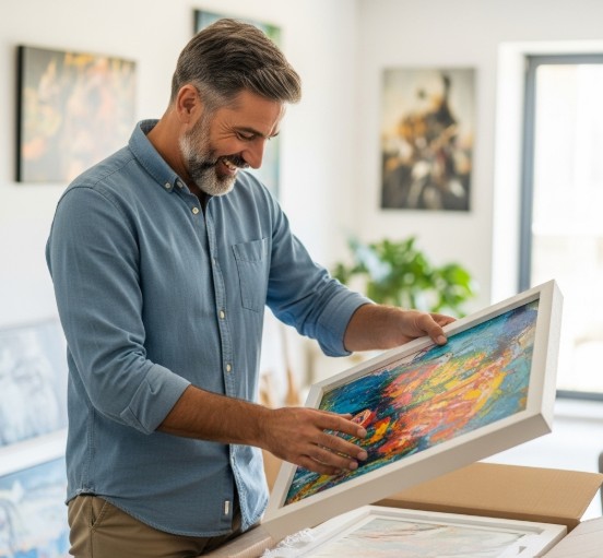 Tips for Buying and Selling Art Online 4 Happy collector unboxing artwork at home