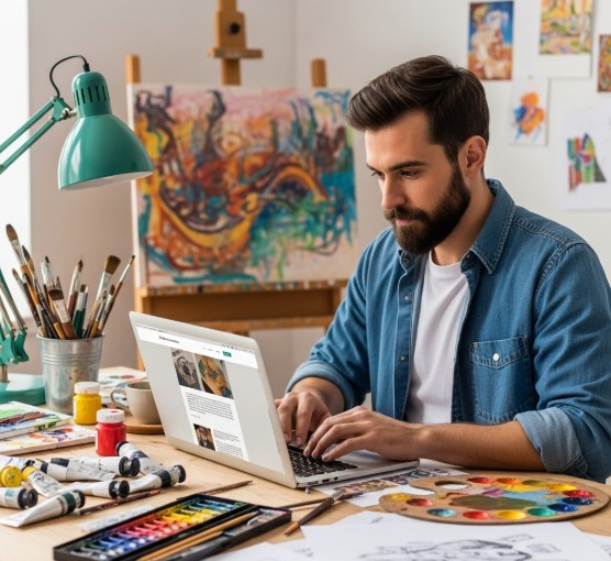 Tips for Buying and Selling Art Online 6 Artist working on a blog post or updating website