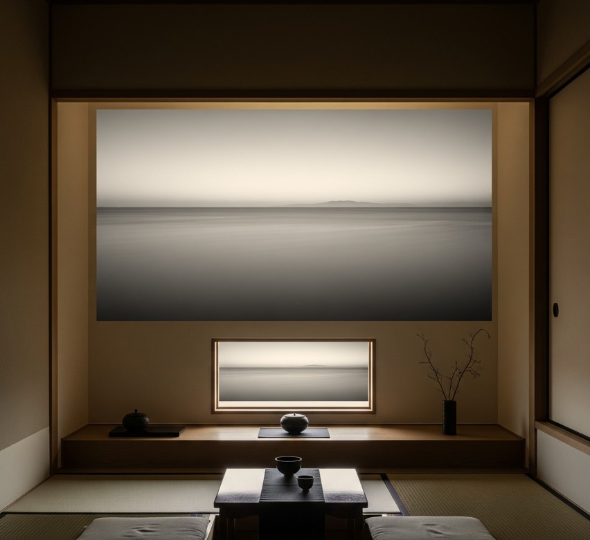 Exploring Minimalism: A Global Trend in Modern Art 3 A photo of a sparse Japanese tea room or a monochrome landscape photograph by Hiroshi Sugimoto