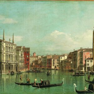 18th-century cityscape painting by Canaletto showing the Grand Canal in Venice with elegant buildings, gondolas, and the Campo della Carità visible on the right under a bright sky.