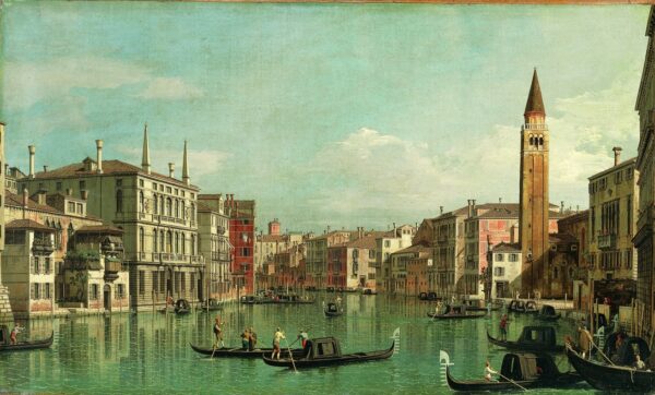 18th-century cityscape painting by Canaletto showing the Grand Canal in Venice with elegant buildings, gondolas, and the Campo della Carità visible on the right under a bright sky.