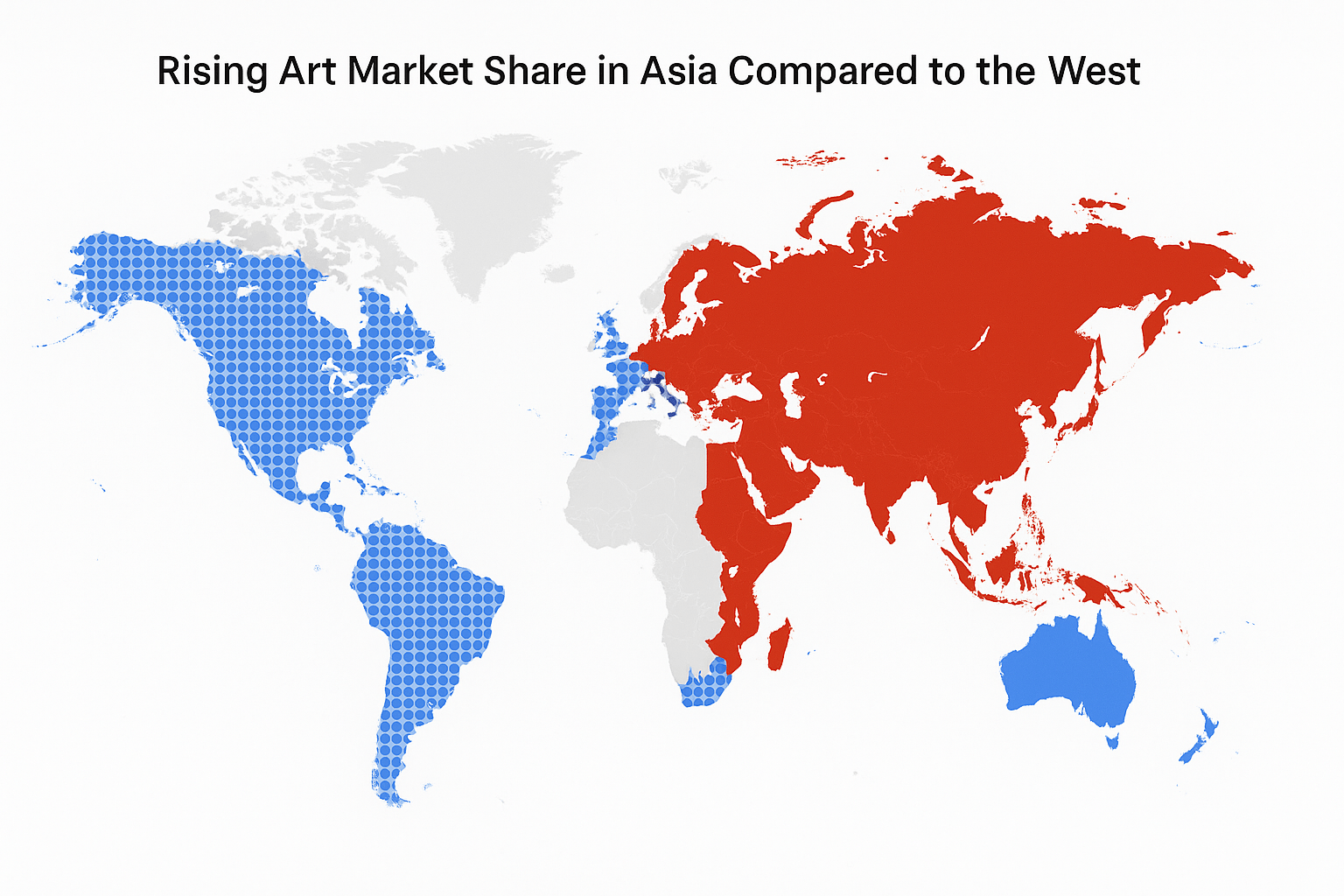 World map illustrating rising art market share in Asia compared to the West