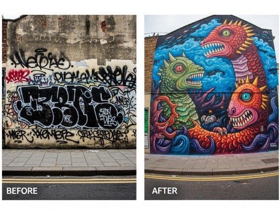 Before-and-after photos of graffiti-covered walls transformed into murals