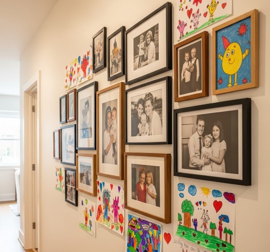 The Role of Art in Creating a Harmonious Home Environment 2 Hallway wall featuring framed family photos and children's drawings.