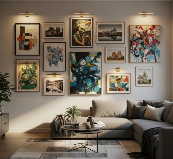 The Role of Art in Creating a Harmonious Home Environment 3 Art gallery wall in a living room with accent lighting.