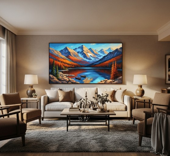 The Role of Art in Creating a Harmonious Home Environment 4 Cozy living room with a bold landscape painting above the sofa.
