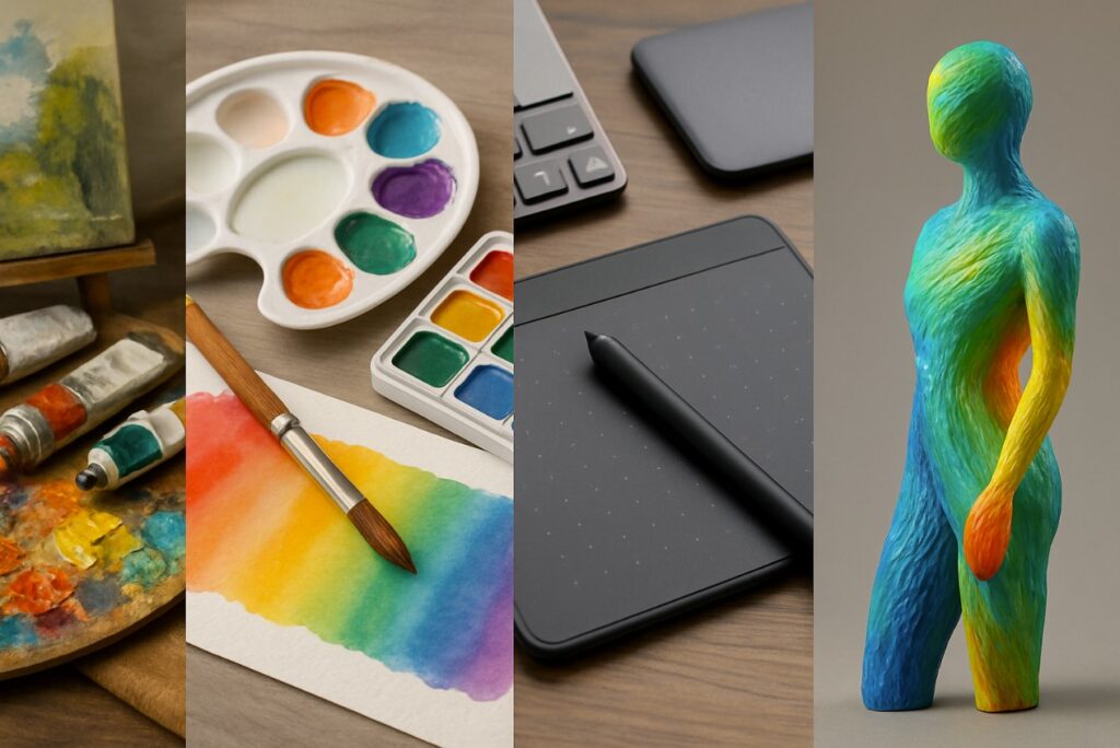 How Sustainable Art Is Changing the Future of Collecting: Eco-Conscious Artists and Buyers in 2025 1 "A time-lapse collage showing the evolution of art materials from traditional oils and canvas to modern recycled plastic sculptures."