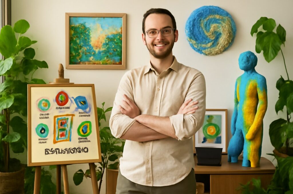 How Sustainable Art Is Changing the Future of Collecting: Eco-Conscious Artists and Buyers in 2025 3 "Photo of a modern collector in a bright, eco-friendly home surrounded by recycled-material artwork and lush plants."