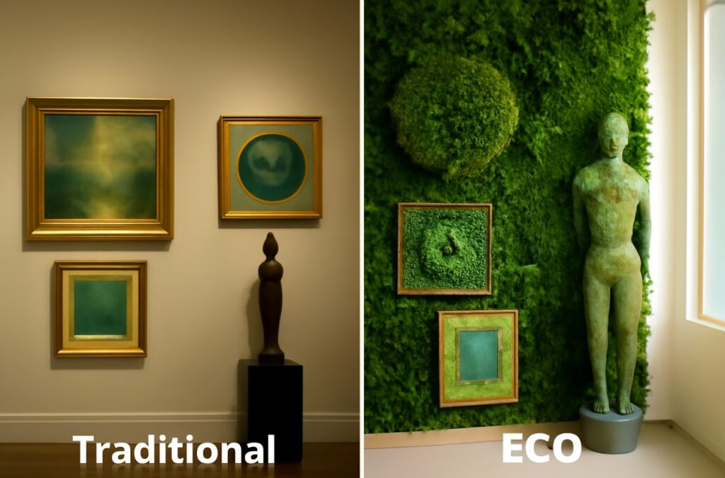 How Sustainable Art Is Changing the Future of Collecting: Eco-Conscious Artists and Buyers in 2025 7 "Side-by-side images of a traditional collectorâs gallery wall and a modern, eco-conscious displayâincluding living green art and recycled sculptural pieces."