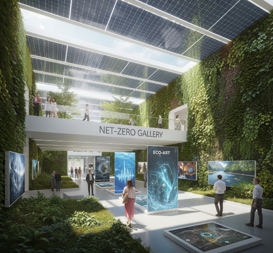 How Sustainable Art Is Changing the Future of Collecting: Eco-Conscious Artists and Buyers in 2025 9 "Futuristic rendering of a net-zero art gallery filled with living walls, solar roofs, and digital eco-art displays."