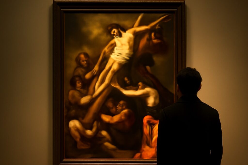 The Science Behind Emotional Responses to Visual Art: Why Some Art Feels Powerful 3 Visitor in an art gallery pausing to reflect in front of a painting