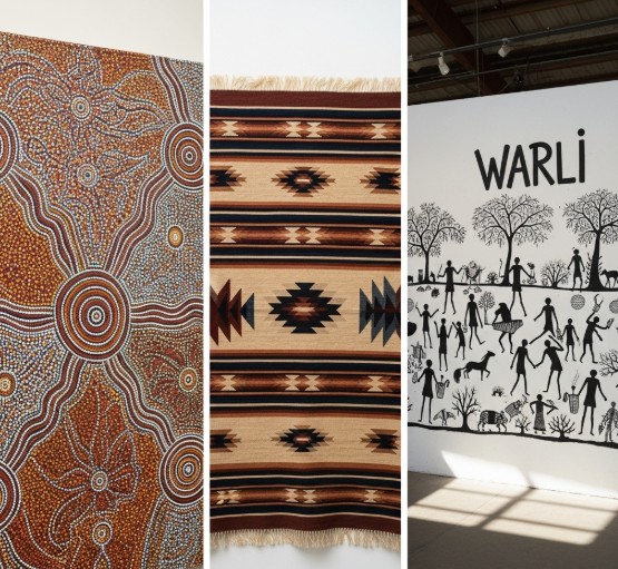 The Revival of Indigenous Art Forms in Contemporary Global Culture 2 side by side image of Australian dot painting, Navajo weaving, and Warli murals