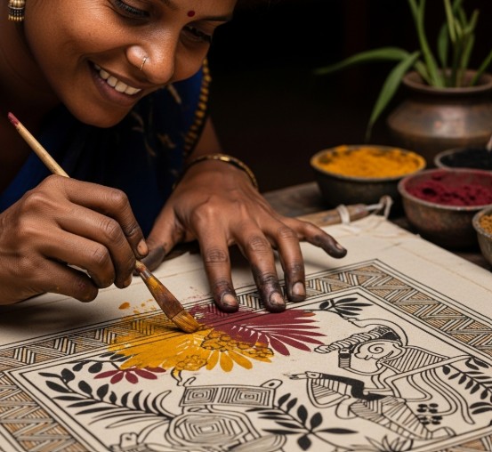 The Revival of Indigenous Art Forms in Contemporary Global Culture 3 Gond tribal artist painting a traditional motif using organic colors