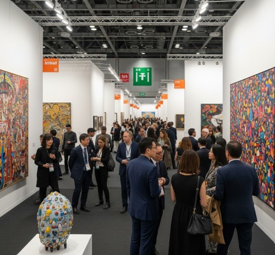 Visitors at Art Basel Hong Kong engaging with contemporary Asian artworks