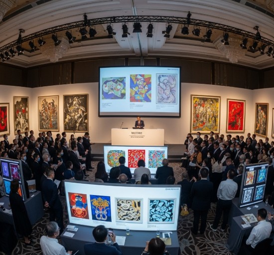 Live art auction in Asia with collectors bidding on modern and traditional artworks