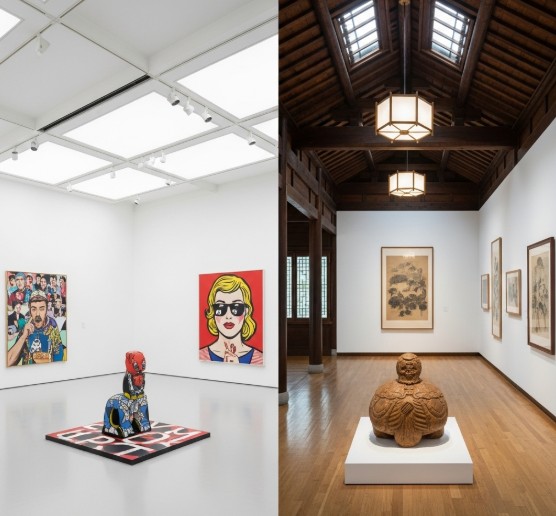 Side-by-side view of a Western and an Asian art gallery showcasing evolving trends in global art presentation