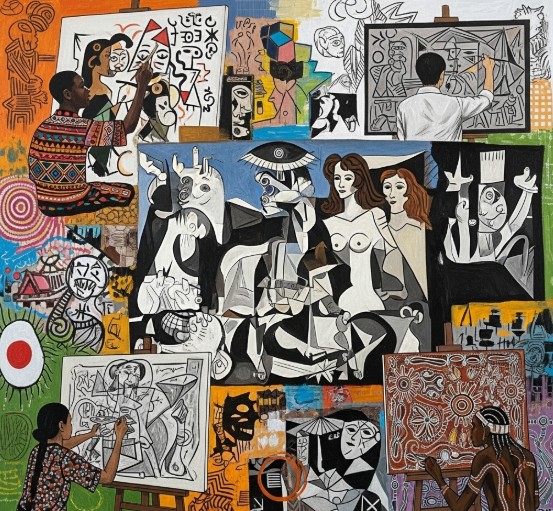 How Picasso’s Work Influenced Global Art Movements 1 A mixed-media collage showing Picasso’s Les Demoiselles d’Avignon, fragmented Cubist shapes, and artists from different cultures painting in bold, abstract styles influenced by his legacy.