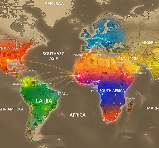 World map highlighting emerging art regions like Southeast Asia, Africa, and Latin America