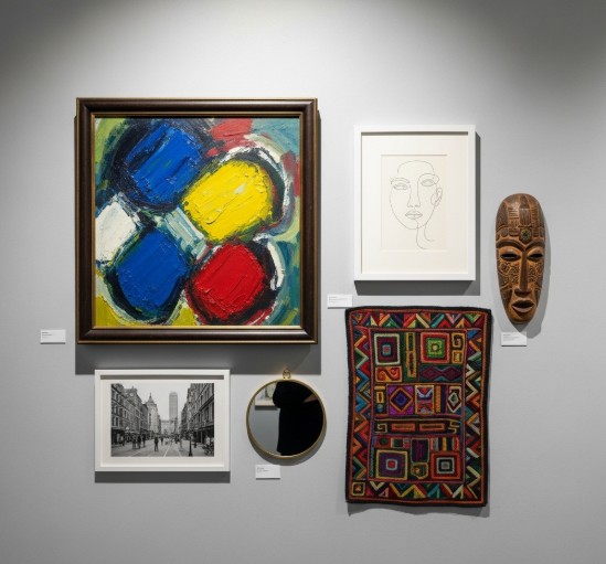 A small collection of diverse artworks on a single wall