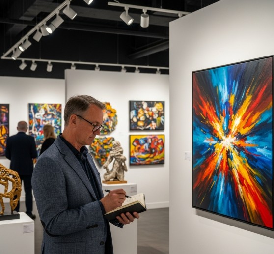 Collector examining art at a student exhibition