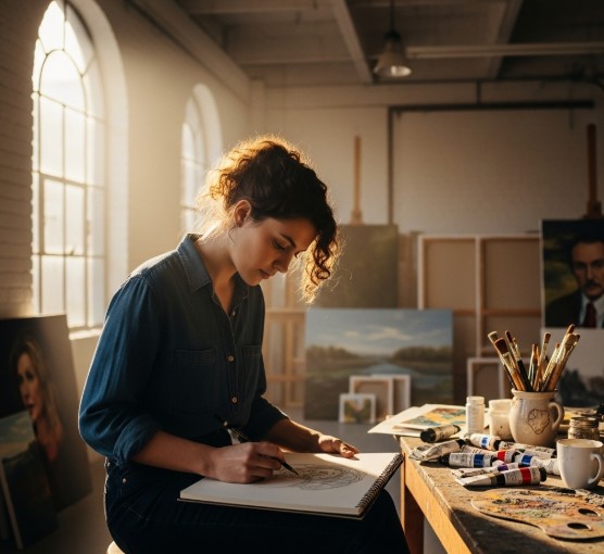 Artist sketching in a sunlit studio