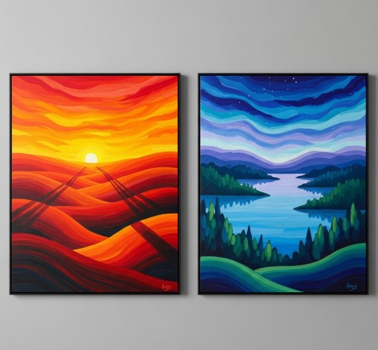 Side-by-side paintings using warm vs. cool palettes