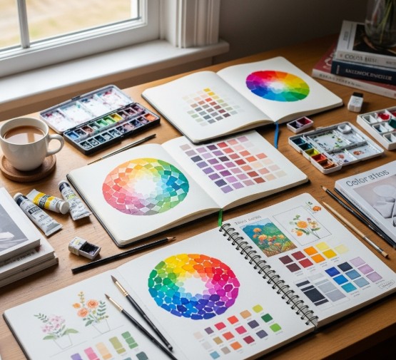 A workspace with sketchbooks showing color studies and swatches
