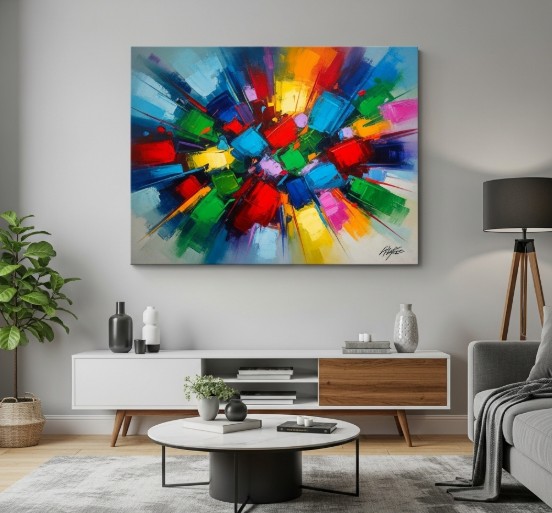 Colorful canvas artwork displayed in a modern living space