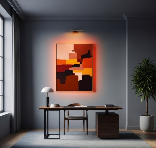 A framed earthy-colored artwork glowing warmly in a north-facing study